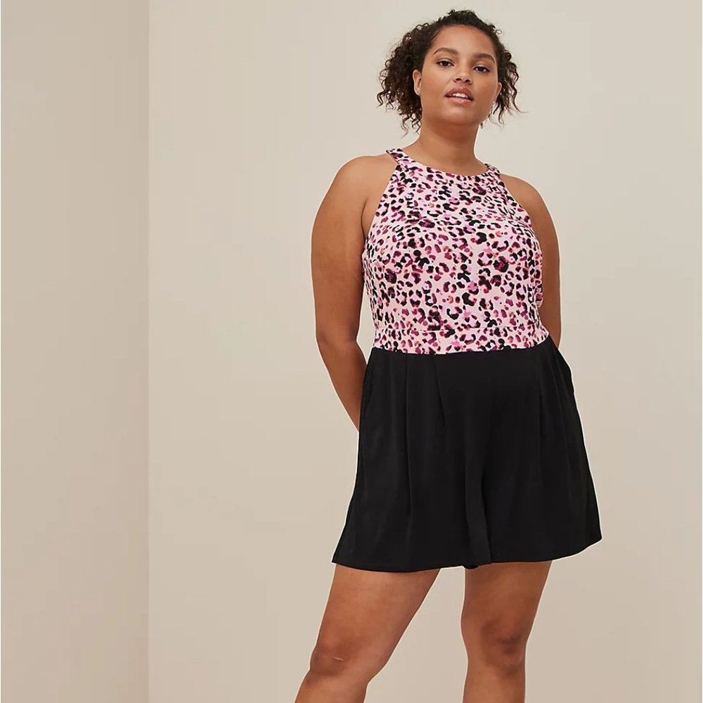 Torrid Size 2X 18-20 Studio Knit Goddess Neck Romper Leopard Pink and Black